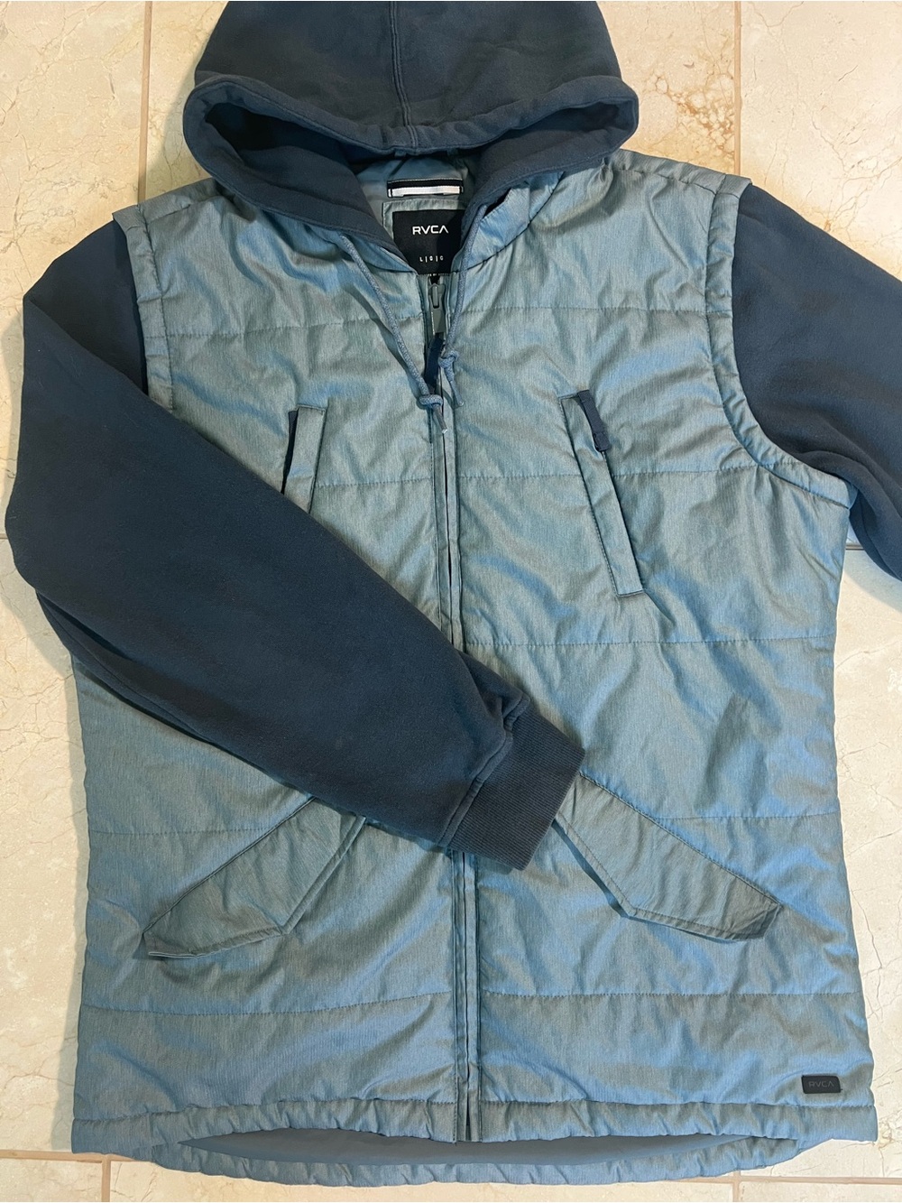 RVCA Quilted Expedition Puffer Hooded Vest Jacket Fleece Sleeves Mens L Blue